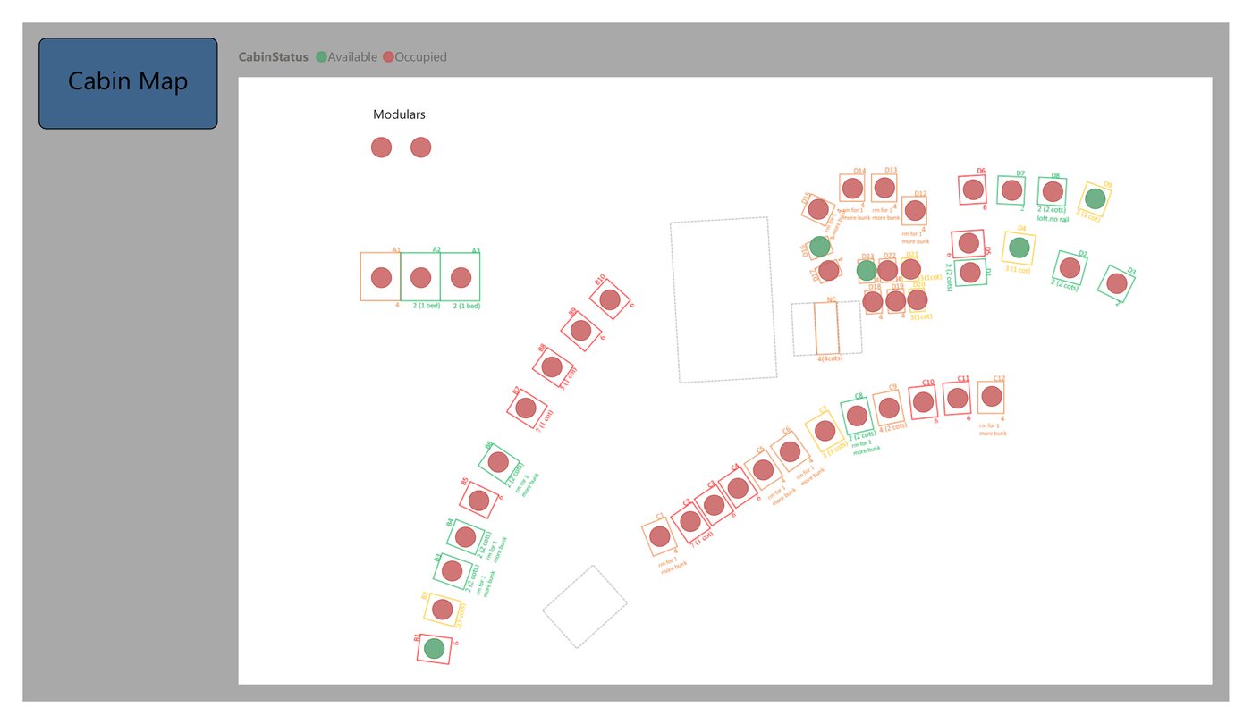 Power BI cabin map for a youth camp, color-coded by occupancy status across four cabin rows and a set of modulars