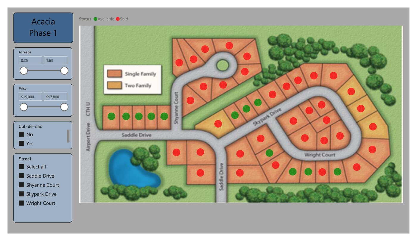 Interactive Power BI plat map of the Acacia Phase 1 subdivision, filterable by acreage, price, street, and cul-de-sac