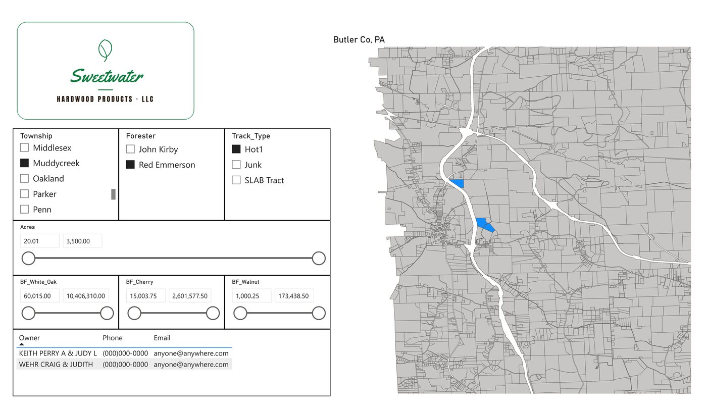 GIS map of timber tracts filterable by township, manager, acreage, and board-feet by species